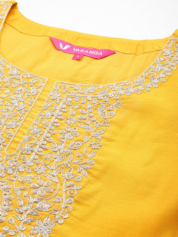 Varanga Women Mustard Embroidered Straight Kurta Paired With Tonal Bottom And Dupatta
